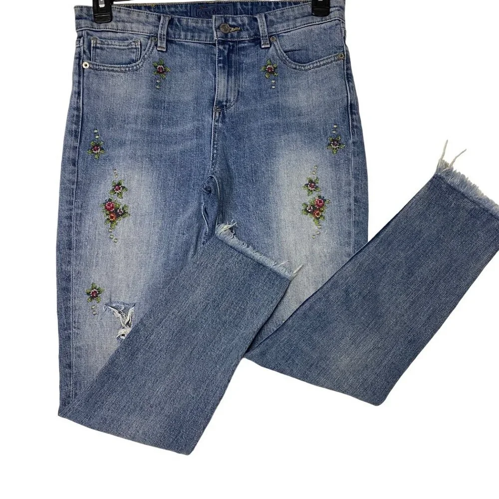 LUCKY BRAND DISTRESSED‎ FLORAL EMBROIDERED SKINNY JEANS 6/28 - Picture 6 of 8